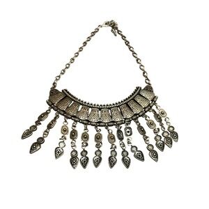 Statement Necklace Silver Tone Metal Dangle Pendant Boho Festival Jewelry Unique